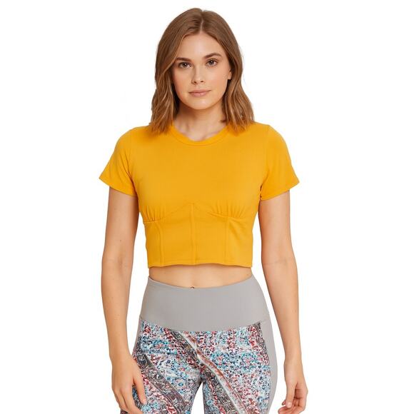 See You Monday Mustard Yellow Ribbed Corset-Style Crop Top - Size Small, NWOT - Picture 1 of 7